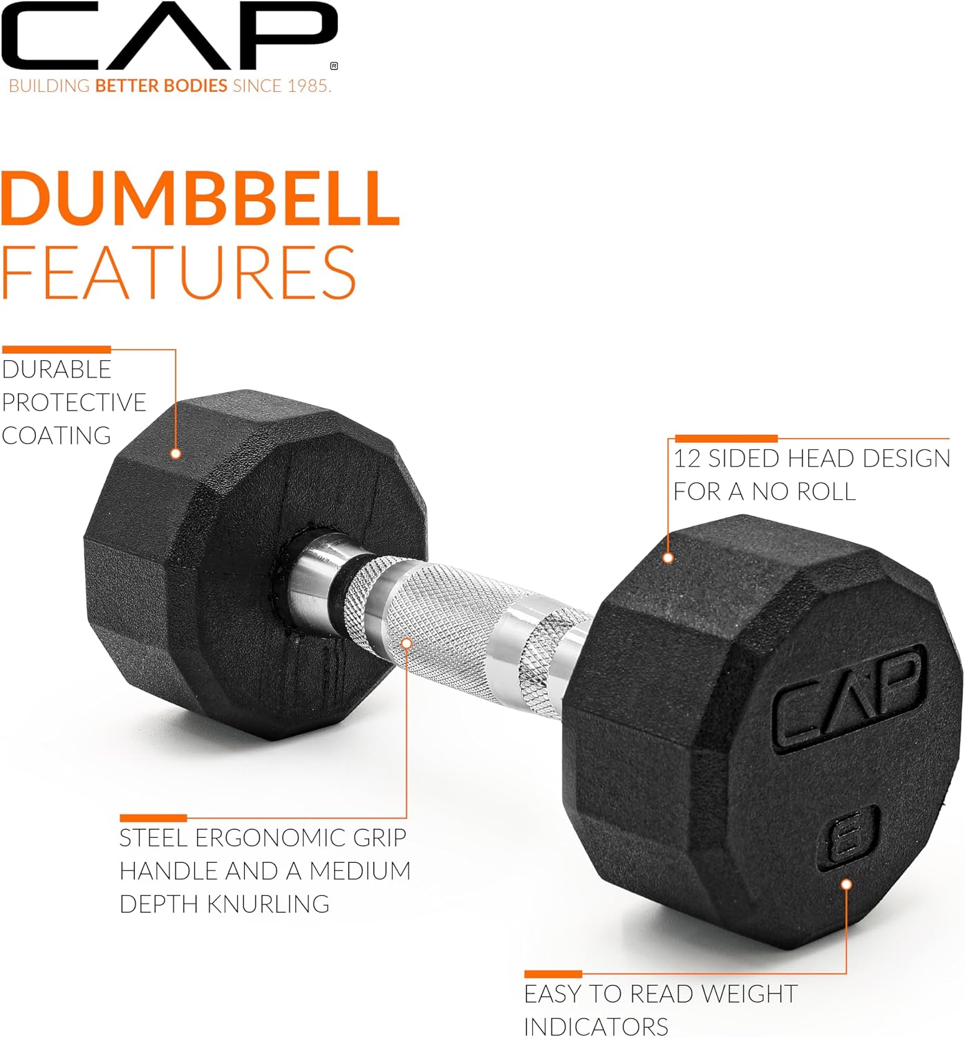 Rubber Coated Dumbbell Weights, Free Weights for Home Gym Strength Training, Anti-Roll Hex Dumbbells with Black, Chrome & Comfort Grip Handles, Singles