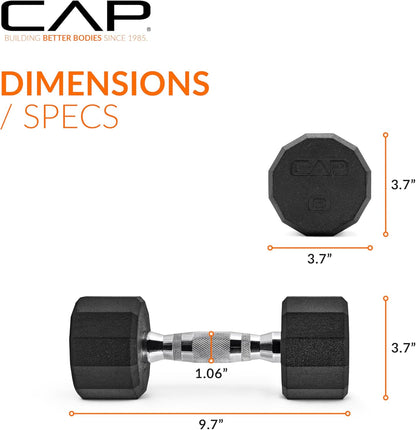 Rubber Coated Dumbbell Weights, Free Weights for Home Gym Strength Training, Anti-Roll Hex Dumbbells with Black, Chrome & Comfort Grip Handles, Singles