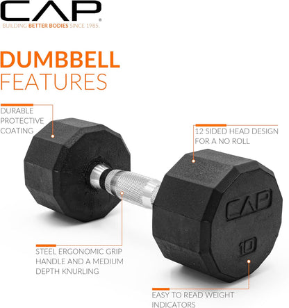 Rubber Coated Dumbbell Weights, Free Weights for Home Gym Strength Training, Anti-Roll Hex Dumbbells with Black, Chrome & Comfort Grip Handles, Singles