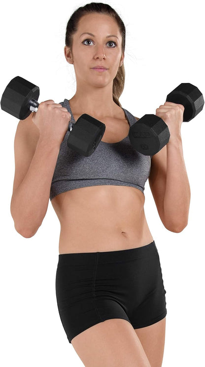 Rubber Coated Dumbbell Weights, Free Weights for Home Gym Strength Training, Anti-Roll Hex Dumbbells with Black, Chrome & Comfort Grip Handles, Singles