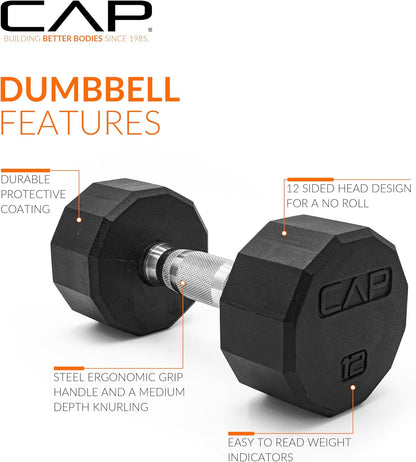 Rubber Coated Dumbbell Weights, Free Weights for Home Gym Strength Training, Anti-Roll Hex Dumbbells with Black, Chrome & Comfort Grip Handles, Singles