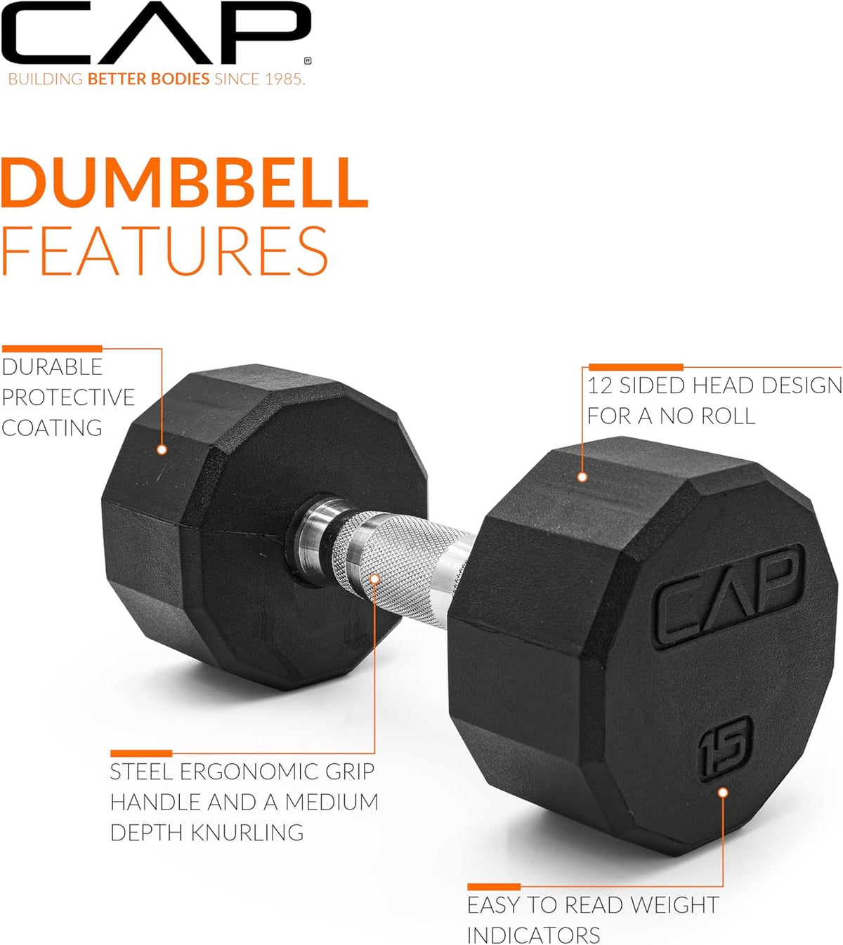 Rubber Coated Dumbbell Weights, Free Weights for Home Gym Strength Training, Anti-Roll Hex Dumbbells with Black, Chrome & Comfort Grip Handles, Singles