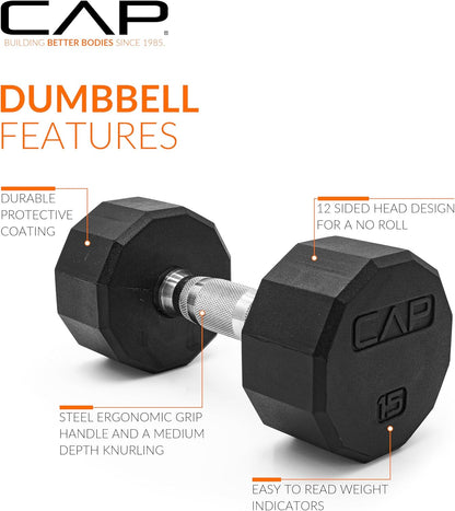 Rubber Coated Dumbbell Weights, Free Weights for Home Gym Strength Training, Anti-Roll Hex Dumbbells with Black, Chrome & Comfort Grip Handles, Singles