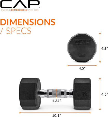 Rubber Coated Dumbbell Weights, Free Weights for Home Gym Strength Training, Anti-Roll Hex Dumbbells with Black, Chrome & Comfort Grip Handles, Singles
