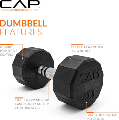 Rubber Coated Dumbbell Weights, Free Weights for Home Gym Strength Training, Anti-Roll Hex Dumbbells with Black, Chrome & Comfort Grip Handles, Singles