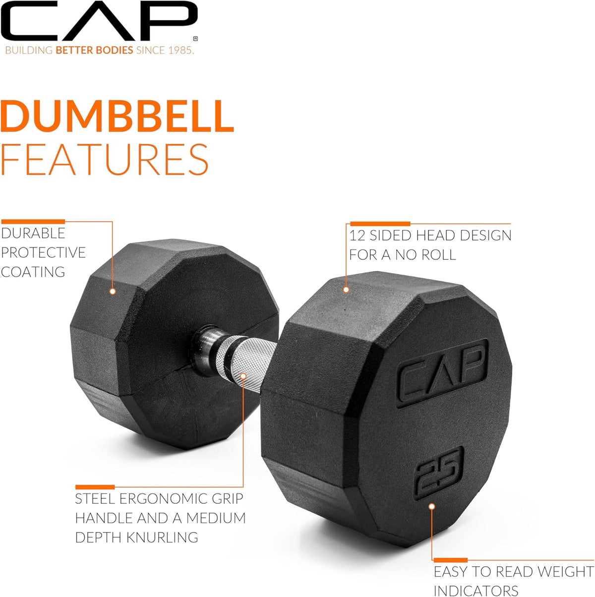 Rubber Coated Dumbbell Weights, Free Weights for Home Gym Strength Training, Anti-Roll Hex Dumbbells with Black, Chrome & Comfort Grip Handles, Singles