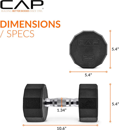 Rubber Coated Dumbbell Weights, Free Weights for Home Gym Strength Training, Anti-Roll Hex Dumbbells with Black, Chrome & Comfort Grip Handles, Singles