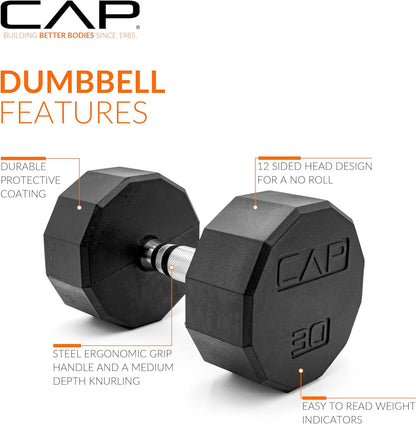 Rubber Coated Dumbbell Weights, Free Weights for Home Gym Strength Training, Anti-Roll Hex Dumbbells with Black, Chrome & Comfort Grip Handles, Singles