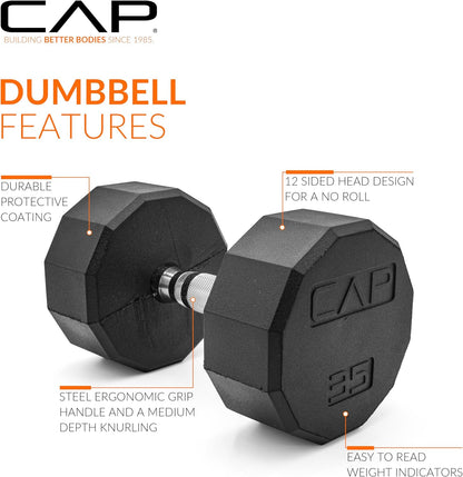 Rubber Coated Dumbbell Weights, Free Weights for Home Gym Strength Training, Anti-Roll Hex Dumbbells with Black, Chrome & Comfort Grip Handles, Singles