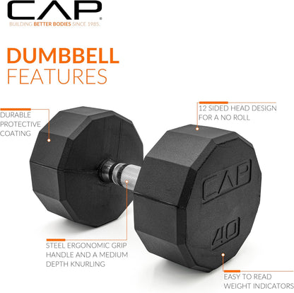 Rubber Coated Dumbbell Weights, Free Weights for Home Gym Strength Training, Anti-Roll Hex Dumbbells with Black, Chrome & Comfort Grip Handles, Singles