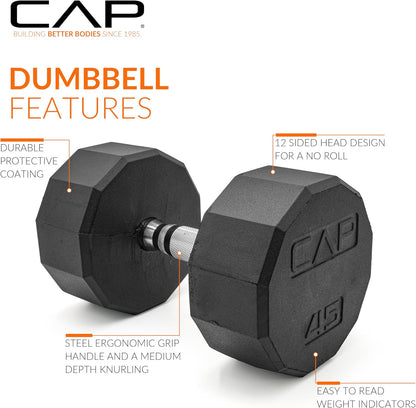 Rubber Coated Dumbbell Weights, Free Weights for Home Gym Strength Training, Anti-Roll Hex Dumbbells with Black, Chrome & Comfort Grip Handles, Singles