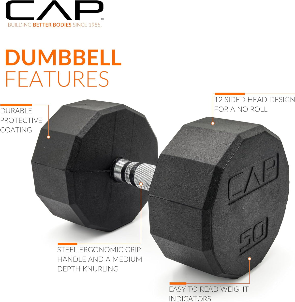 Rubber Coated Dumbbell Weights, Free Weights for Home Gym Strength Training, Anti-Roll Hex Dumbbells with Black, Chrome & Comfort Grip Handles, Singles