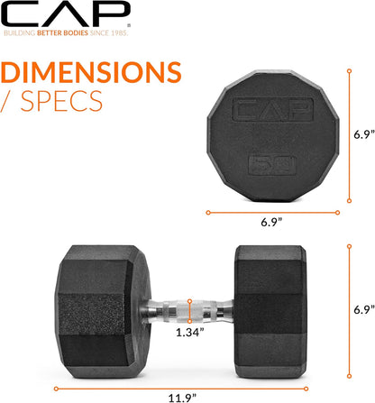 Rubber Coated Dumbbell Weights, Free Weights for Home Gym Strength Training, Anti-Roll Hex Dumbbells with Black, Chrome & Comfort Grip Handles, Singles