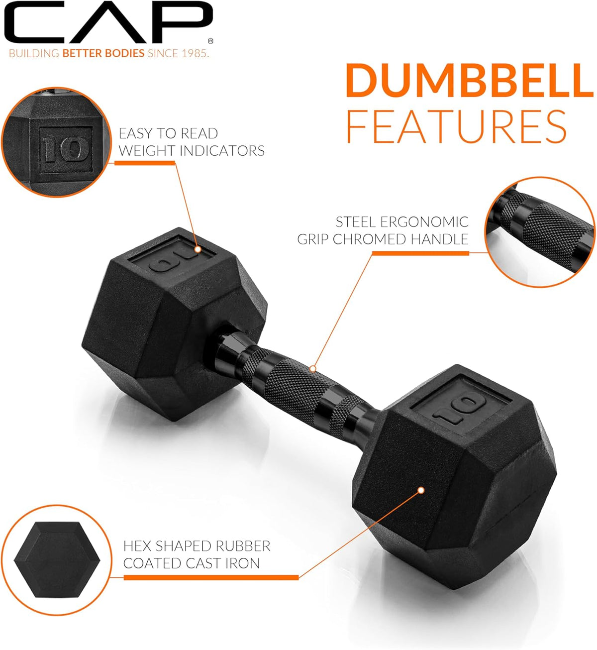 Rubber Coated Dumbbell Weights, Free Weights for Home Gym Strength Training, Anti-Roll Hex Dumbbells with Black, Chrome & Comfort Grip Handles, Singles