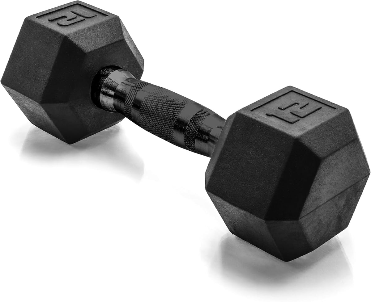 Rubber Coated Dumbbell Weights, Free Weights for Home Gym Strength Training, Anti-Roll Hex Dumbbells with Black, Chrome & Comfort Grip Handles, Singles