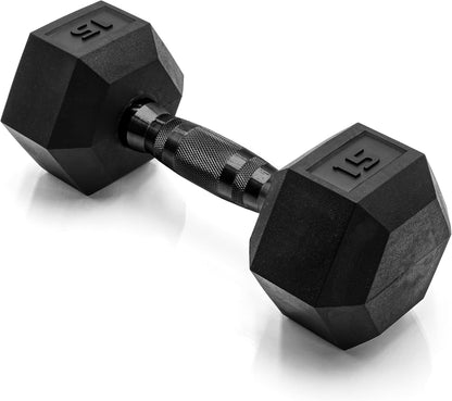 Rubber Coated Dumbbell Weights, Free Weights for Home Gym Strength Training, Anti-Roll Hex Dumbbells with Black, Chrome & Comfort Grip Handles, Singles