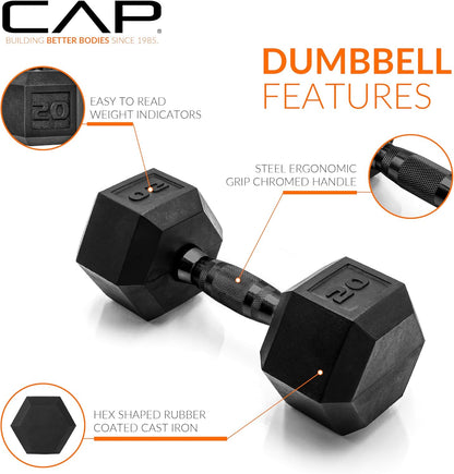 Rubber Coated Dumbbell Weights, Free Weights for Home Gym Strength Training, Anti-Roll Hex Dumbbells with Black, Chrome & Comfort Grip Handles, Singles