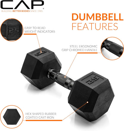 Rubber Coated Dumbbell Weights, Free Weights for Home Gym Strength Training, Anti-Roll Hex Dumbbells with Black, Chrome & Comfort Grip Handles, Singles