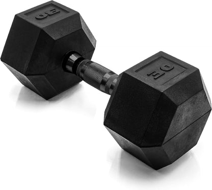 Rubber Coated Dumbbell Weights, Free Weights for Home Gym Strength Training, Anti-Roll Hex Dumbbells with Black, Chrome & Comfort Grip Handles, Singles