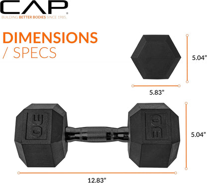 Rubber Coated Dumbbell Weights, Free Weights for Home Gym Strength Training, Anti-Roll Hex Dumbbells with Black, Chrome & Comfort Grip Handles, Singles
