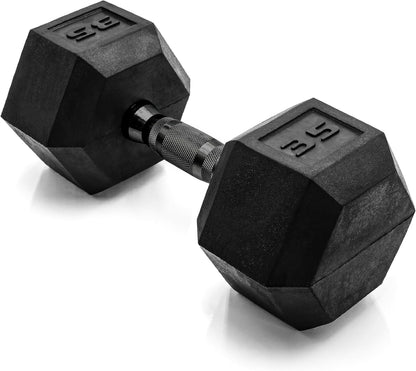 Rubber Coated Dumbbell Weights, Free Weights for Home Gym Strength Training, Anti-Roll Hex Dumbbells with Black, Chrome & Comfort Grip Handles, Singles