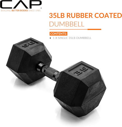 Rubber Coated Dumbbell Weights, Free Weights for Home Gym Strength Training, Anti-Roll Hex Dumbbells with Black, Chrome & Comfort Grip Handles, Singles