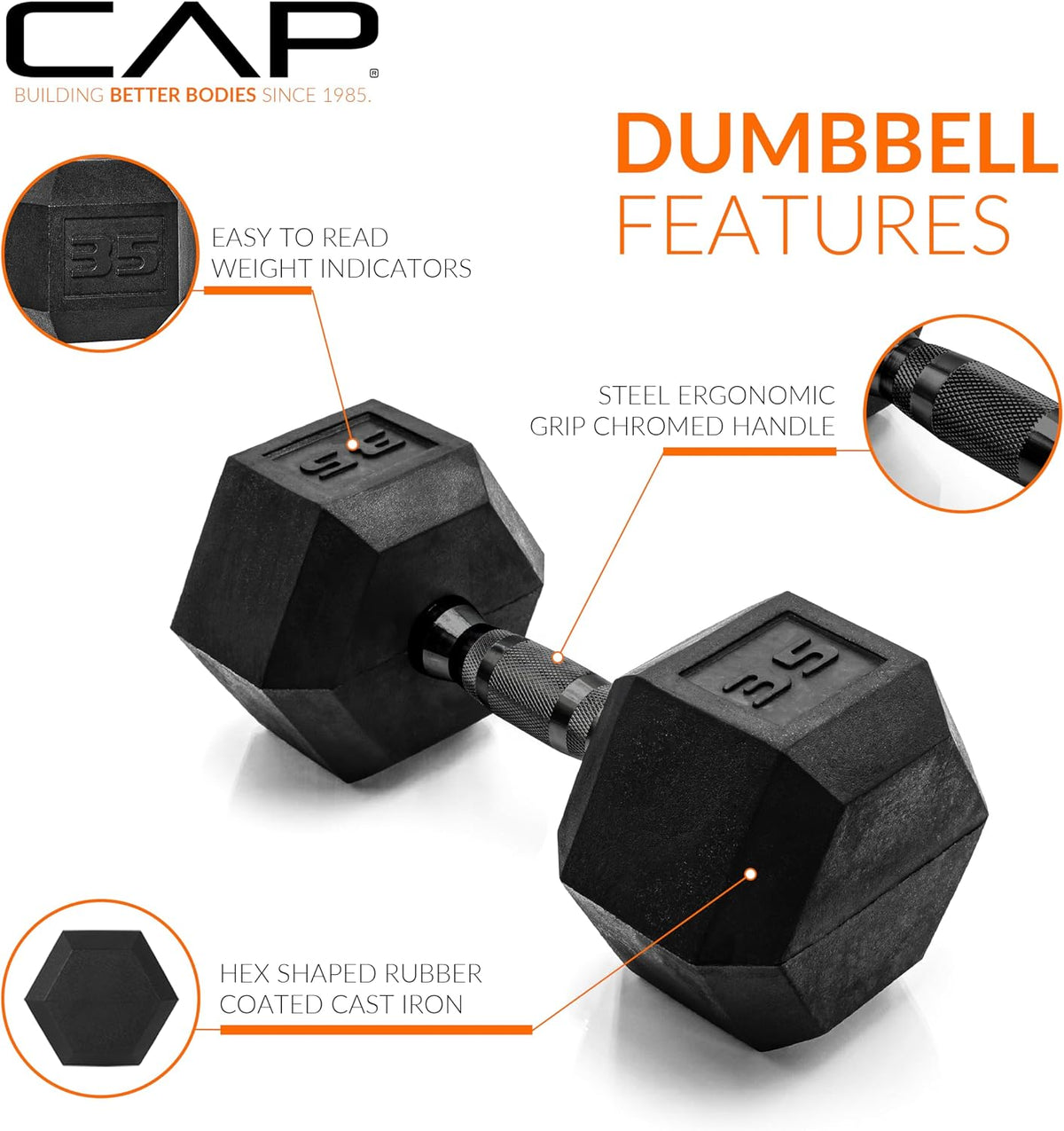 Rubber Coated Dumbbell Weights, Free Weights for Home Gym Strength Training, Anti-Roll Hex Dumbbells with Black, Chrome & Comfort Grip Handles, Singles