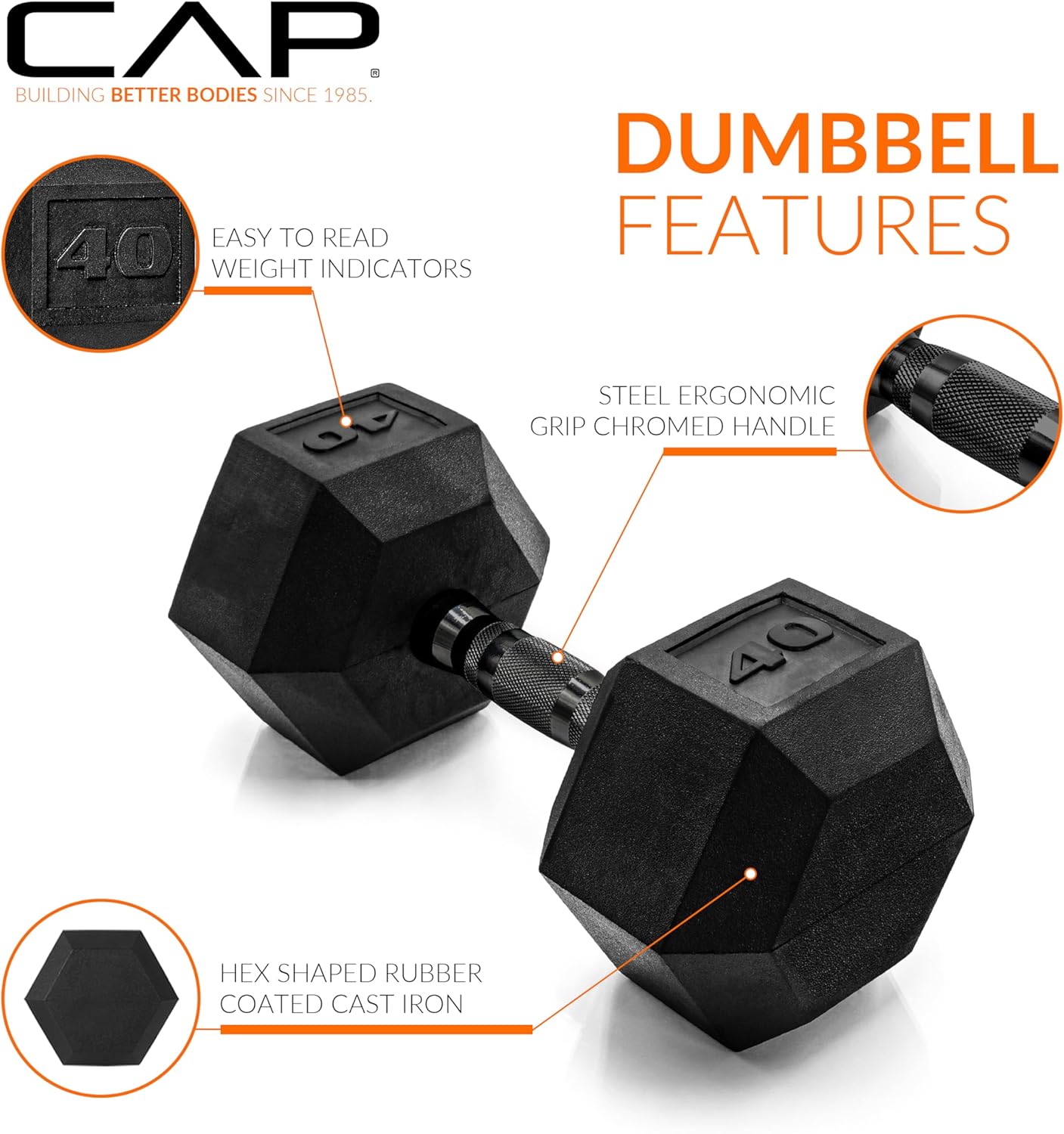 Rubber Coated Dumbbell Weights, Free Weights for Home Gym Strength Training, Anti-Roll Hex Dumbbells with Black, Chrome & Comfort Grip Handles, Singles