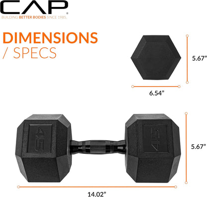 Rubber Coated Dumbbell Weights, Free Weights for Home Gym Strength Training, Anti-Roll Hex Dumbbells with Black, Chrome & Comfort Grip Handles, Singles