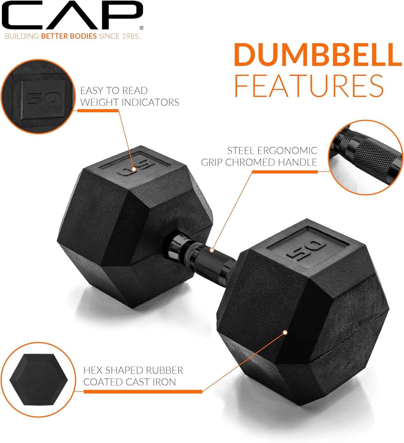 Rubber Coated Dumbbell Weights, Free Weights for Home Gym Strength Training, Anti-Roll Hex Dumbbells with Black, Chrome & Comfort Grip Handles, Singles
