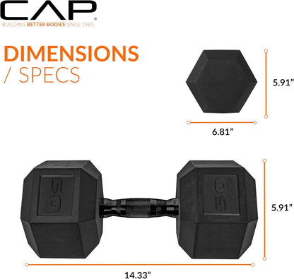 Rubber Coated Dumbbell Weights, Free Weights for Home Gym Strength Training, Anti-Roll Hex Dumbbells with Black, Chrome & Comfort Grip Handles, Singles