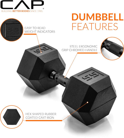 Rubber Coated Dumbbell Weights, Free Weights for Home Gym Strength Training, Anti-Roll Hex Dumbbells with Black, Chrome & Comfort Grip Handles, Singles