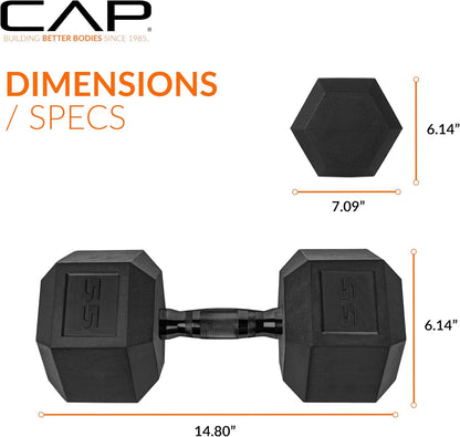 Rubber Coated Dumbbell Weights, Free Weights for Home Gym Strength Training, Anti-Roll Hex Dumbbells with Black, Chrome & Comfort Grip Handles, Singles