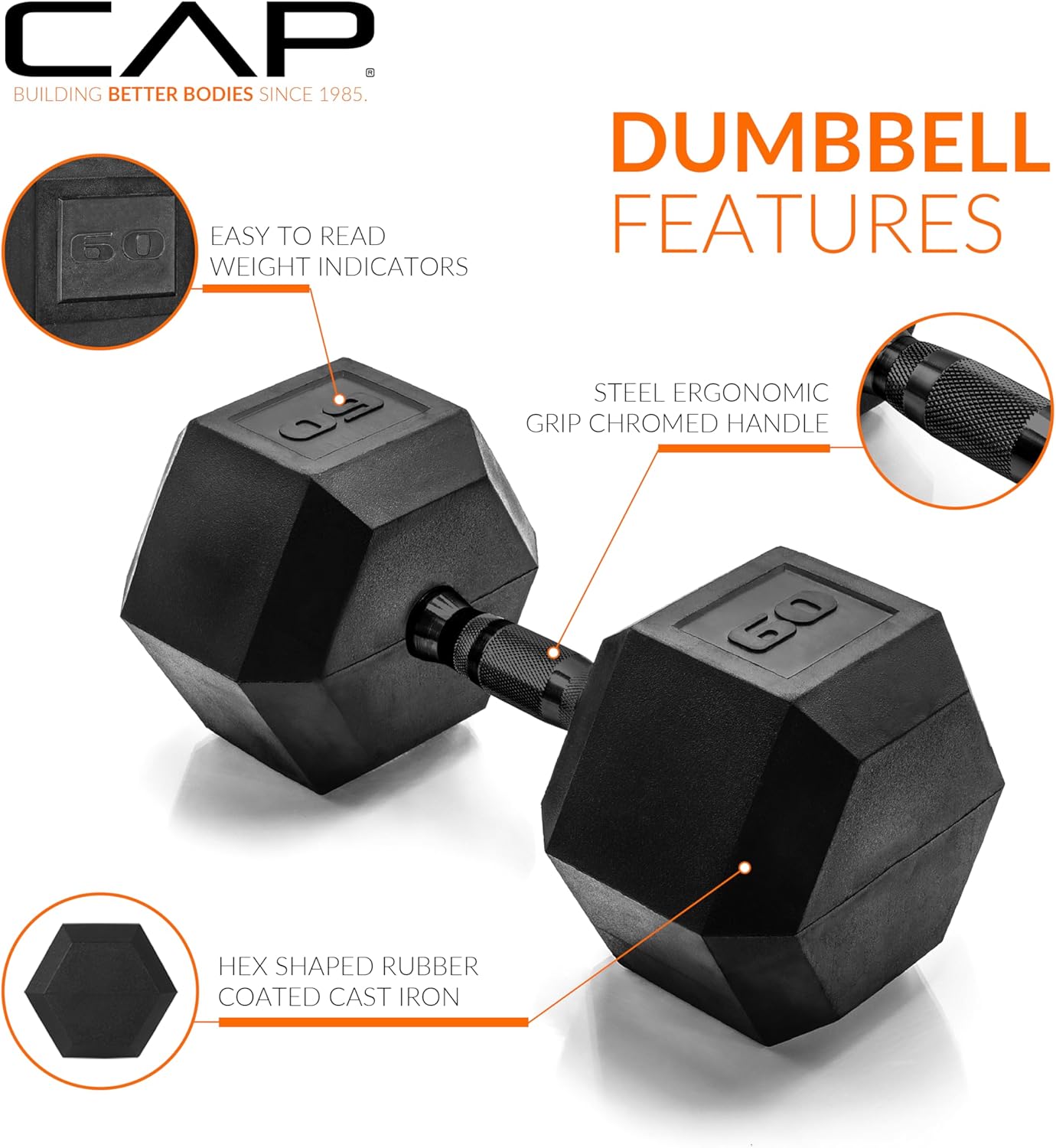 Rubber Coated Dumbbell Weights, Free Weights for Home Gym Strength Training, Anti-Roll Hex Dumbbells with Black, Chrome & Comfort Grip Handles, Singles