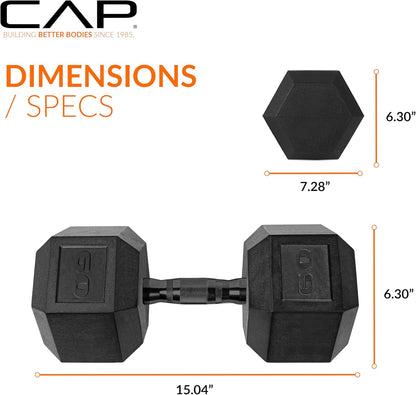 Rubber Coated Dumbbell Weights, Free Weights for Home Gym Strength Training, Anti-Roll Hex Dumbbells with Black, Chrome & Comfort Grip Handles, Singles