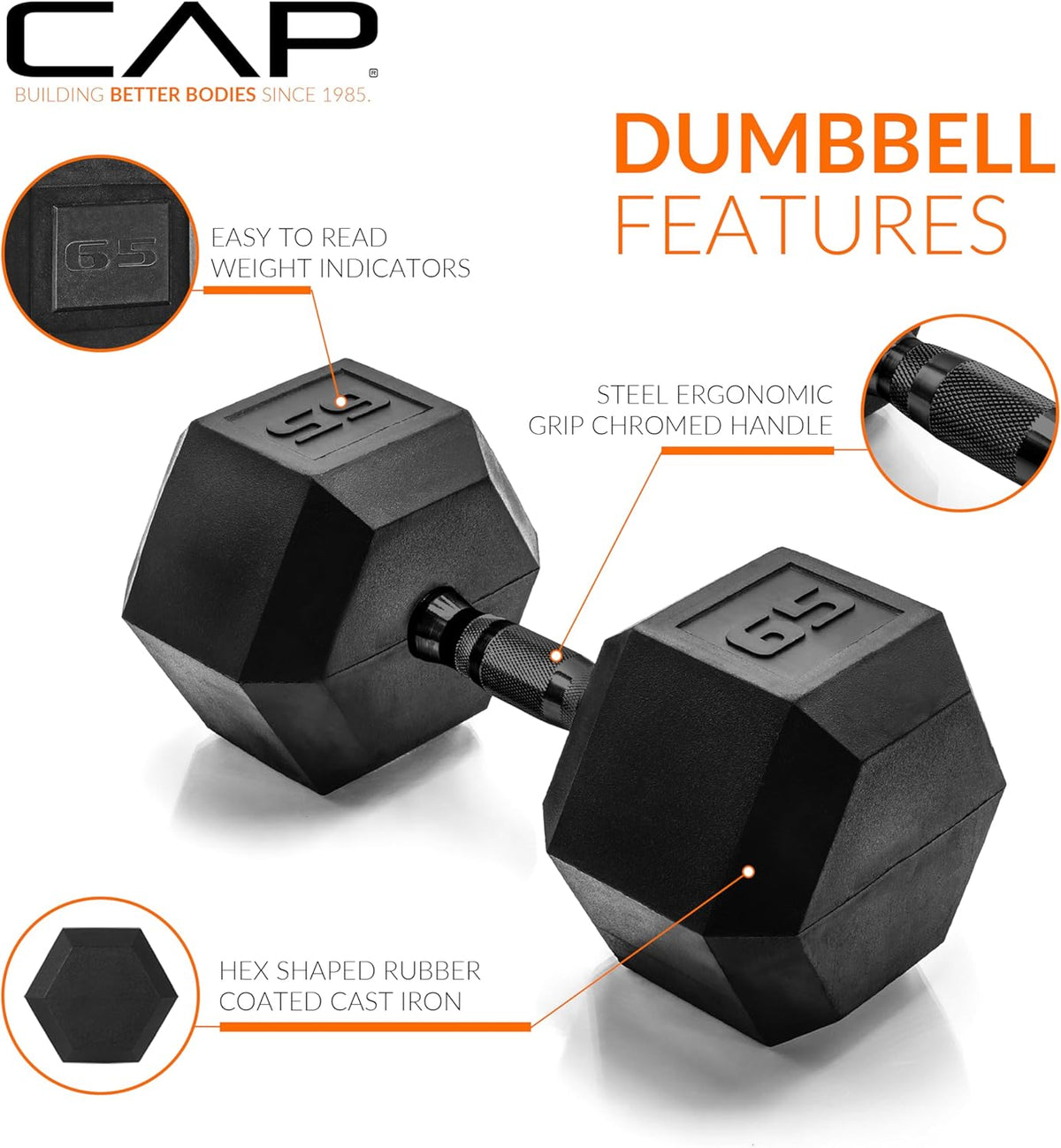 Rubber Coated Dumbbell Weights, Free Weights for Home Gym Strength Training, Anti-Roll Hex Dumbbells with Black, Chrome & Comfort Grip Handles, Singles