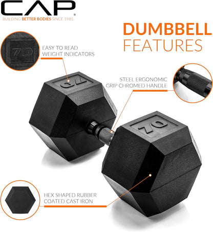Rubber Coated Dumbbell Weights, Free Weights for Home Gym Strength Training, Anti-Roll Hex Dumbbells with Black, Chrome & Comfort Grip Handles, Singles