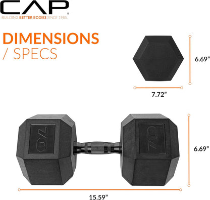 Rubber Coated Dumbbell Weights, Free Weights for Home Gym Strength Training, Anti-Roll Hex Dumbbells with Black, Chrome & Comfort Grip Handles, Singles