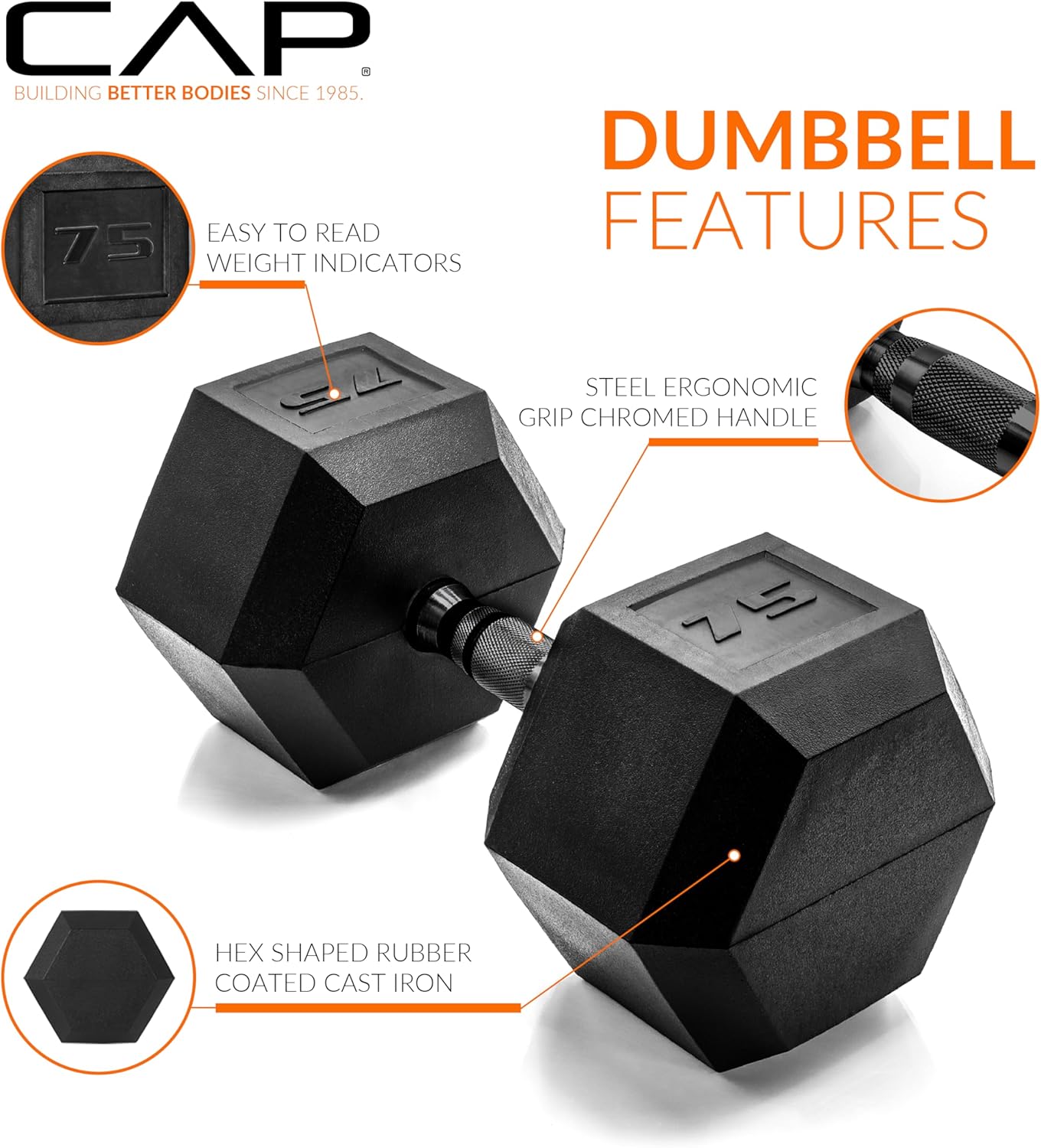 Rubber Coated Dumbbell Weights, Free Weights for Home Gym Strength Training, Anti-Roll Hex Dumbbells with Black, Chrome & Comfort Grip Handles, Singles