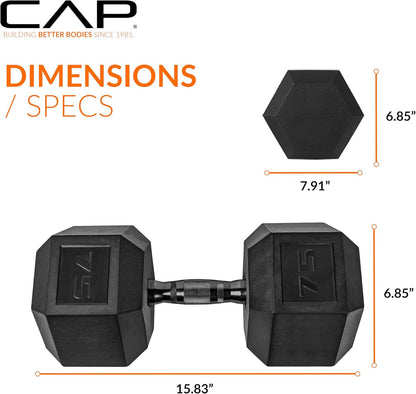 Rubber Coated Dumbbell Weights, Free Weights for Home Gym Strength Training, Anti-Roll Hex Dumbbells with Black, Chrome & Comfort Grip Handles, Singles
