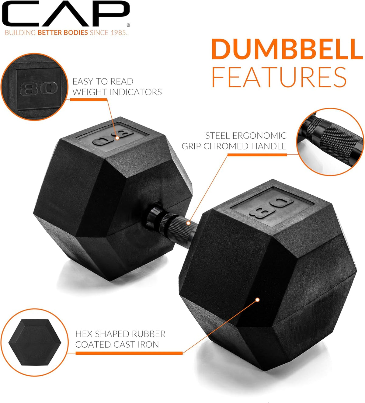 Rubber Coated Dumbbell Weights, Free Weights for Home Gym Strength Training, Anti-Roll Hex Dumbbells with Black, Chrome & Comfort Grip Handles, Singles