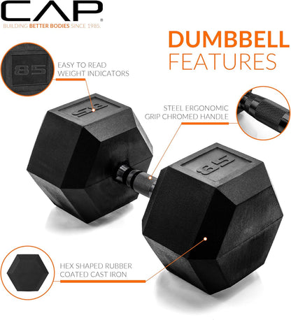 Rubber Coated Dumbbell Weights, Free Weights for Home Gym Strength Training, Anti-Roll Hex Dumbbells with Black, Chrome & Comfort Grip Handles, Singles