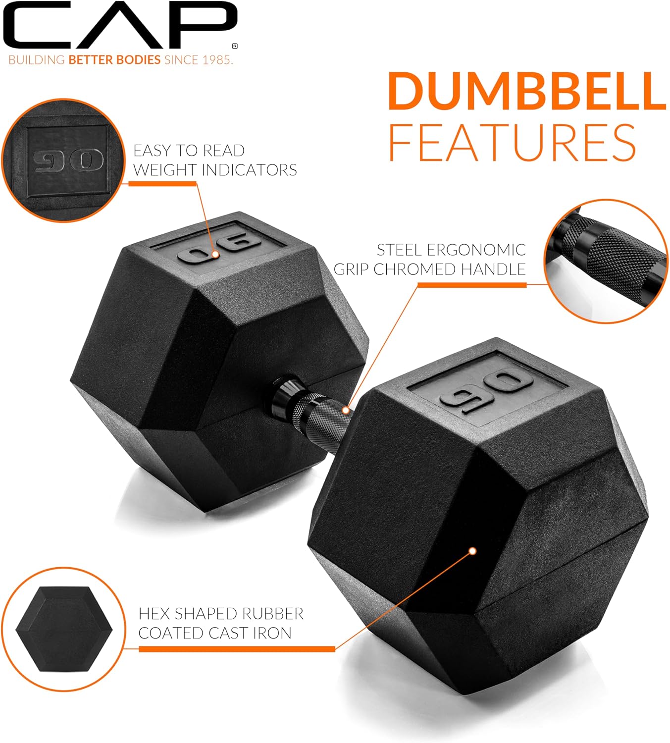 Rubber Coated Dumbbell Weights, Free Weights for Home Gym Strength Training, Anti-Roll Hex Dumbbells with Black, Chrome & Comfort Grip Handles, Singles