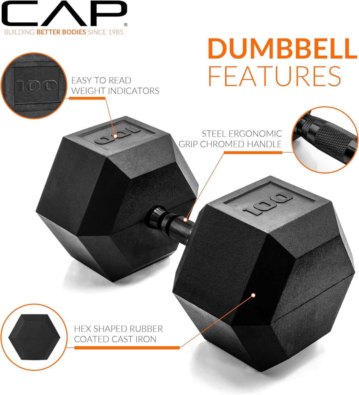 Rubber Coated Dumbbell Weights, Free Weights for Home Gym Strength Training, Anti-Roll Hex Dumbbells with Black, Chrome & Comfort Grip Handles, Singles