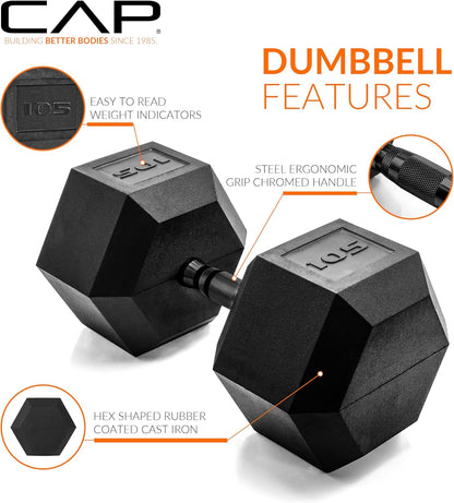 Rubber Coated Dumbbell Weights, Free Weights for Home Gym Strength Training, Anti-Roll Hex Dumbbells with Black, Chrome & Comfort Grip Handles, Singles