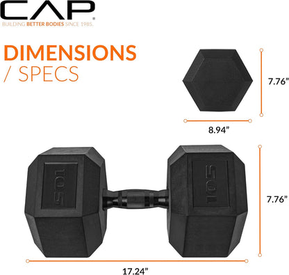 Rubber Coated Dumbbell Weights, Free Weights for Home Gym Strength Training, Anti-Roll Hex Dumbbells with Black, Chrome & Comfort Grip Handles, Singles