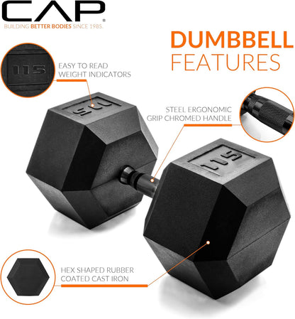 Rubber Coated Dumbbell Weights, Free Weights for Home Gym Strength Training, Anti-Roll Hex Dumbbells with Black, Chrome & Comfort Grip Handles, Singles