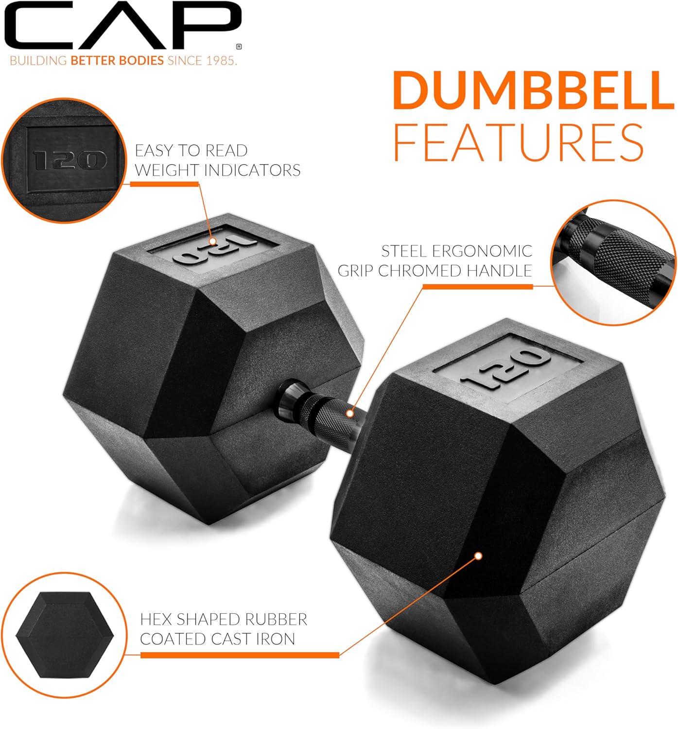 Rubber Coated Dumbbell Weights, Free Weights for Home Gym Strength Training, Anti-Roll Hex Dumbbells with Black, Chrome & Comfort Grip Handles, Singles