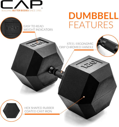Rubber Coated Dumbbell Weights, Free Weights for Home Gym Strength Training, Anti-Roll Hex Dumbbells with Black, Chrome & Comfort Grip Handles, Singles