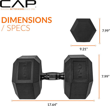 Rubber Coated Dumbbell Weights, Free Weights for Home Gym Strength Training, Anti-Roll Hex Dumbbells with Black, Chrome & Comfort Grip Handles, Singles